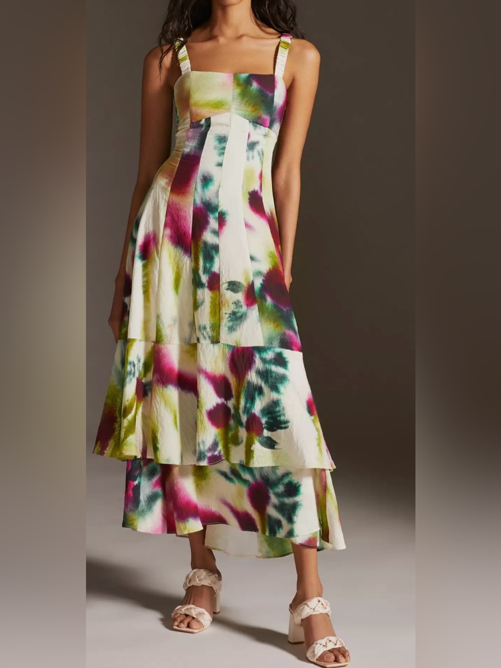 Anthropologie Cream, Purple and Green Watercolor Tiered Midi Maxi Dress - Size 8